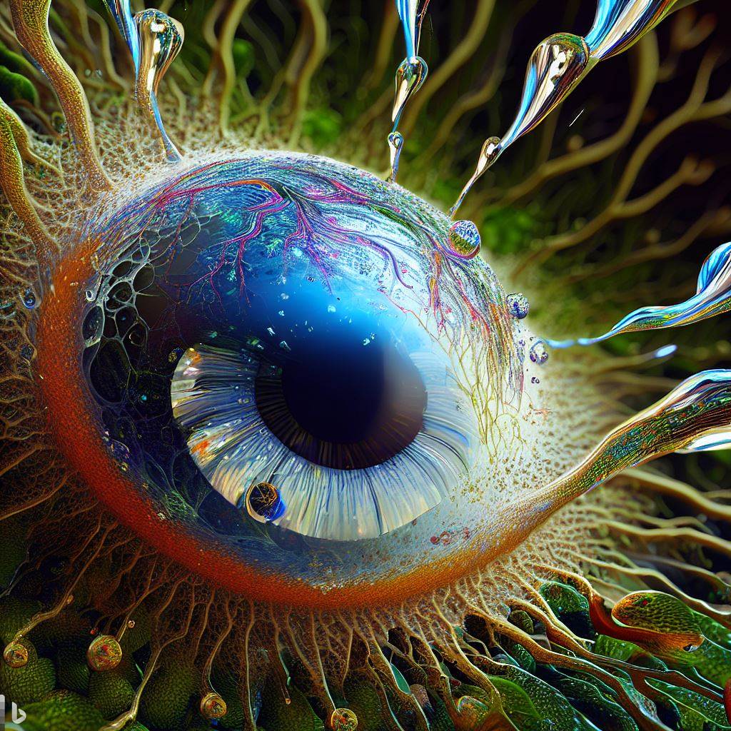 15- 3D hyper-detailed joyfully splattering bursting imploding raindrop with druid nano-wire root-circuitry iris-stroma and a joyous living breathing eyelid pupil at its core. Covered in mossy fractal rainforest synapses, mirroring recursion.jpg